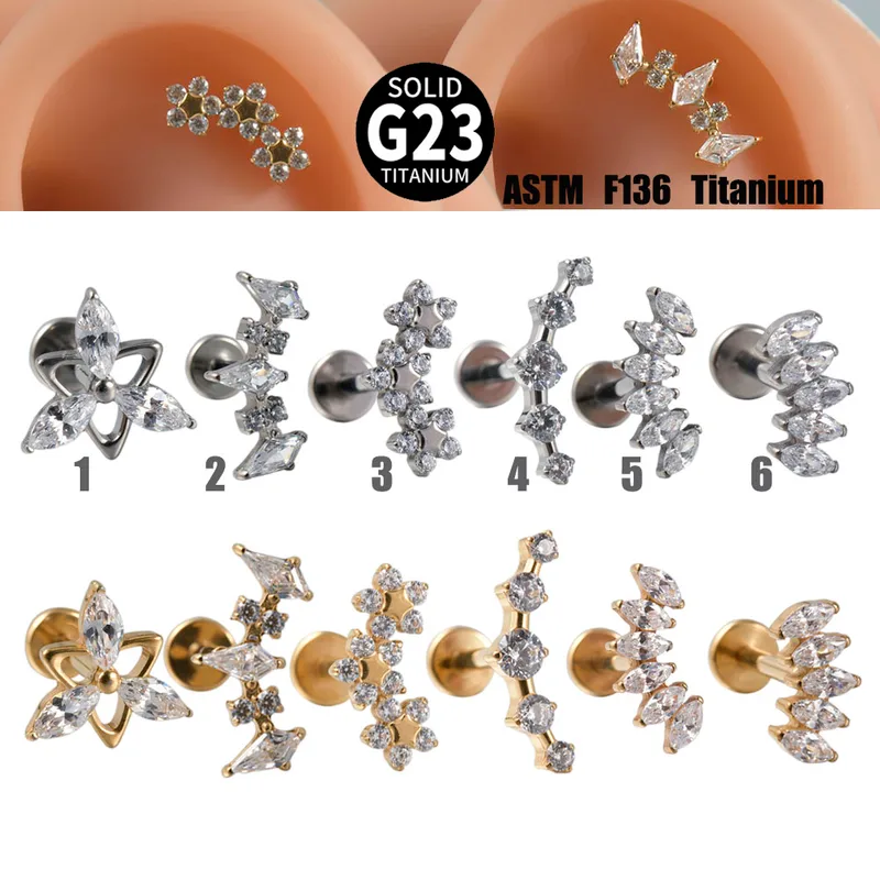 Wholesale 1 Piece Lip Rings Hip-Hop Arc Flower G23 Titanium Alloy Zircon Inlay Zircon 18K Gold Plated Lip Rings Ear Cartilage Rings & Studs