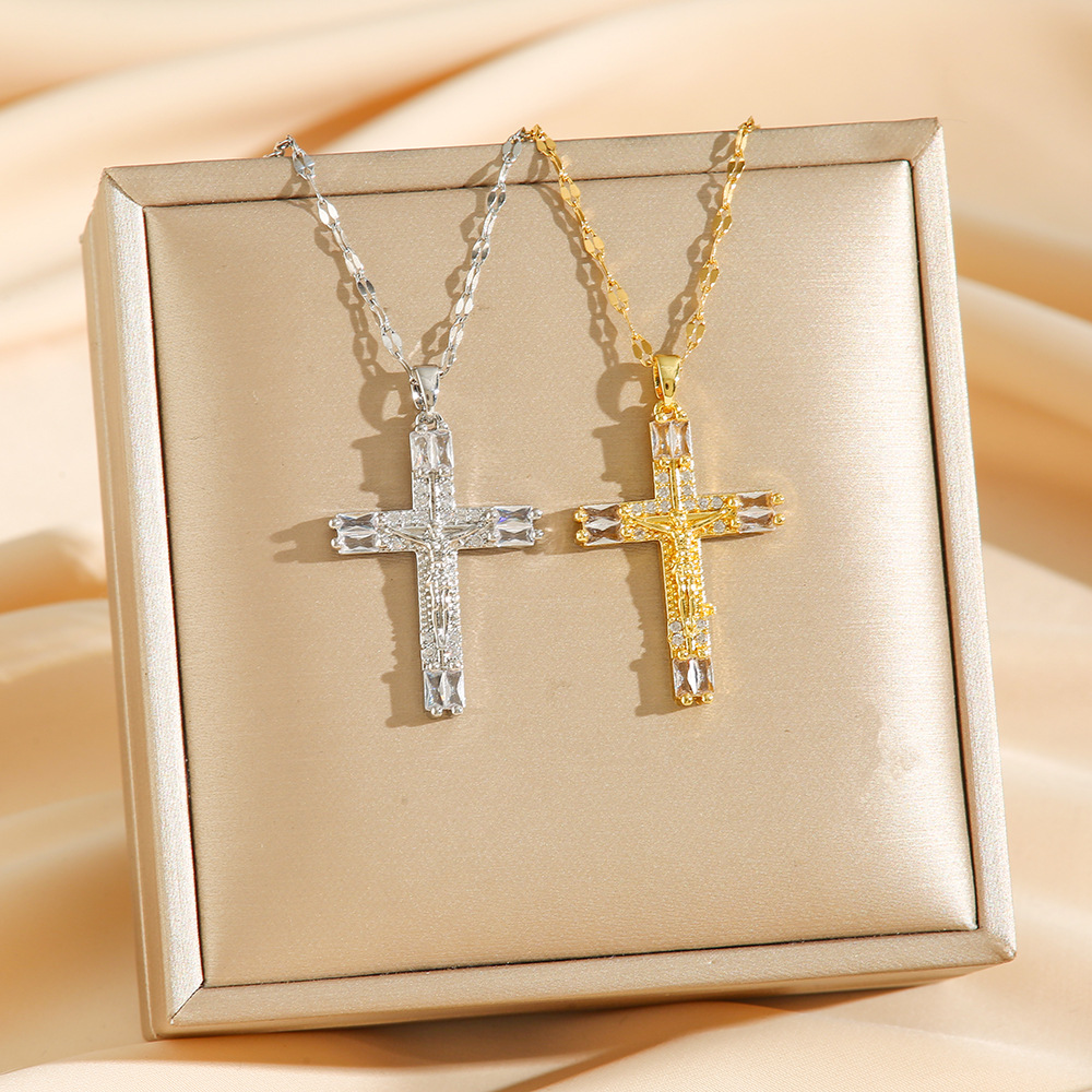Wholesale Cross-border foreign trade new Virgin Mary cross micro-inlaid zircon gold-plated necklace female clavicle chain pendant