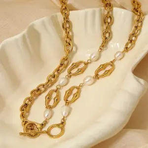 Wholesale PVD Coated Real Gold Plated 16K White Plating Solid Color 304 Stainless Steel Freshwater Pearl IG Style Simple Classic Waterproof Non Tarnish Bracelets Necklace