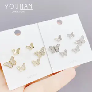 Wholesale Sweet Butterfly Copper Ear Studs Gold Plated Zircon Copper Earrings 3 Pairs