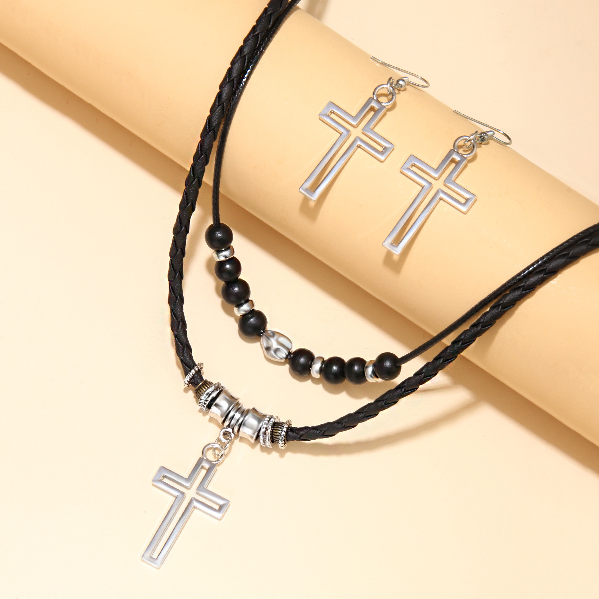 Wholesale Beaded Vintage Cross Waxed Rope Sweater Chain Necklace