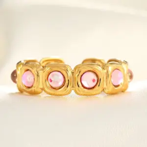 18K Real Gold Pink Translucent Stone / Adjustable Opening
