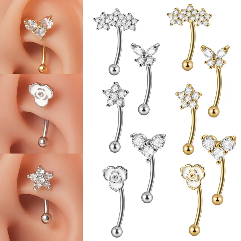 Wholesale 1 Piece Ear Cartilage Rings & Studs Casual Tropical Sweet Heart Shape Flower Butterfly 304 Stainless Steel Zircon Ion Plating (IP) 18K G