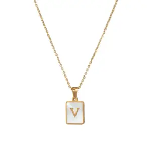 Fritillary Letter Square Pendant Necklace-Gold-Letter V