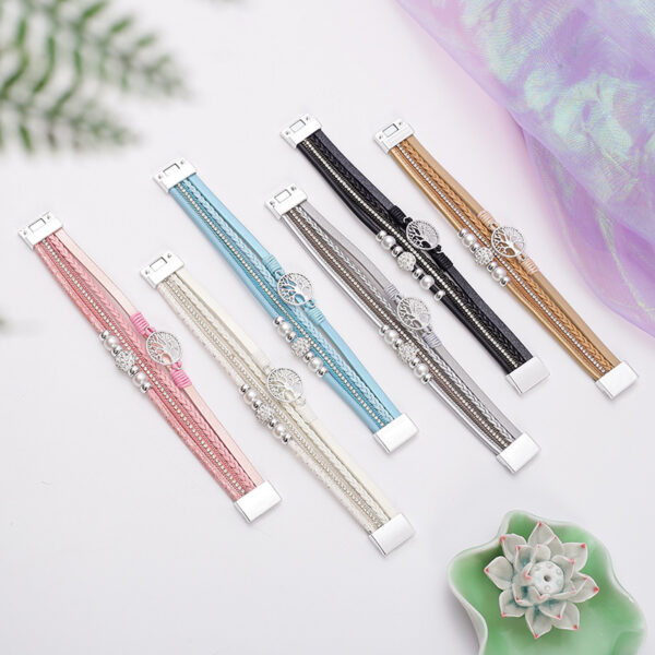 Wholesale Amazon ethnic style imitation pearl rhinestone ball magnetic clasp women's bracelet multi-layer PU leather woven bangle in stock