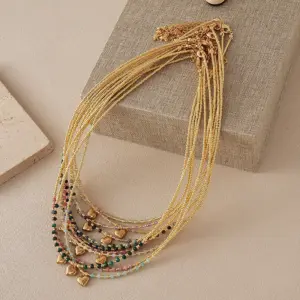 Wholesale 18K Gold Plated Brass Water Plated Heart-Shaped Beads Handmade Miyuki Beads Beaded Chain Natural Stone Necklace For Women Ultra-Fine Chain