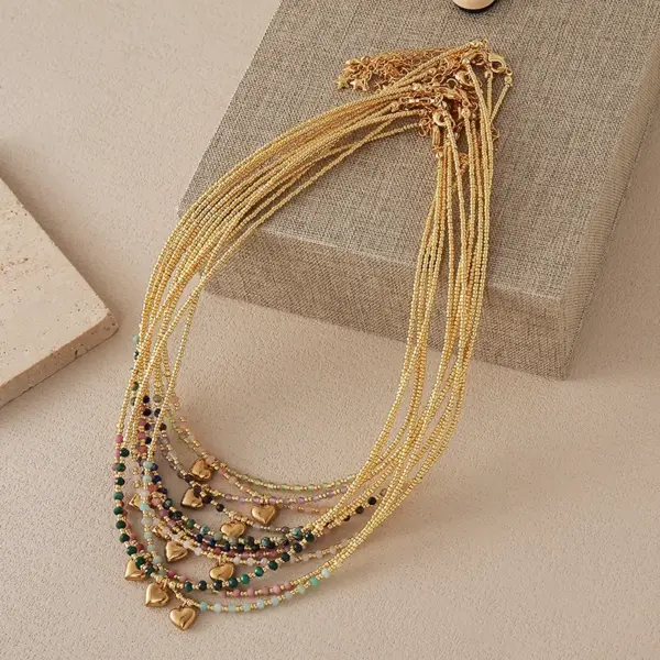 Wholesale 18K Gold Plated Brass Water Plated Heart-Shaped Beads Handmade Miyuki Beads Beaded Chain Natural Stone Necklace For Women Ultra-Fine Chain
