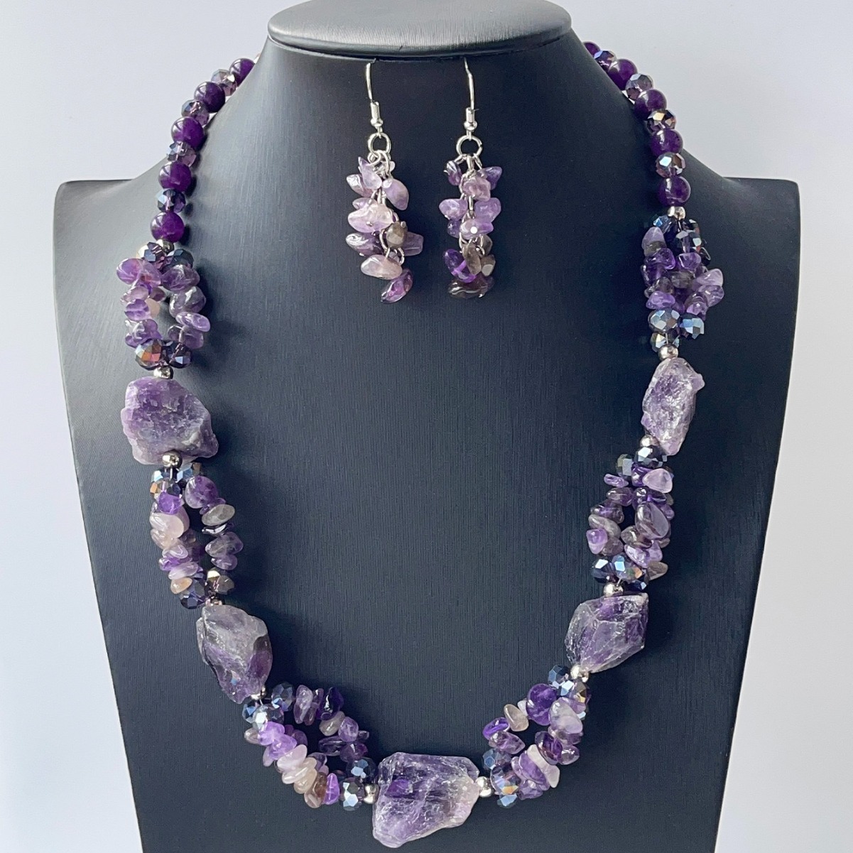 Wholesale Cross-border European and American Purple Necklace suit Natural Stone Handmade Niche Jewelry Two-piece Earrings suit