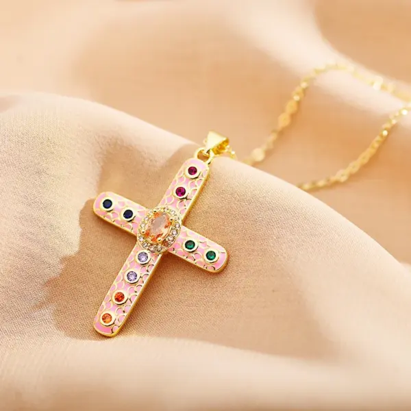 Copper Cross Electroplating Zircon Copper Plated Roman Style Enamel Plating Inlay Cable Chain Lobster Trigger Clasp Closure Pendant Necklace