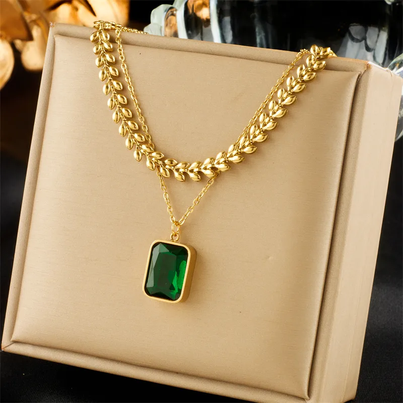 Wholesale PVD Coated 18K Gold Plated Square 304 Stainless Steel Retro Waterproof Non Tarnish 304 Stainless Steel Double Layer Necklaces