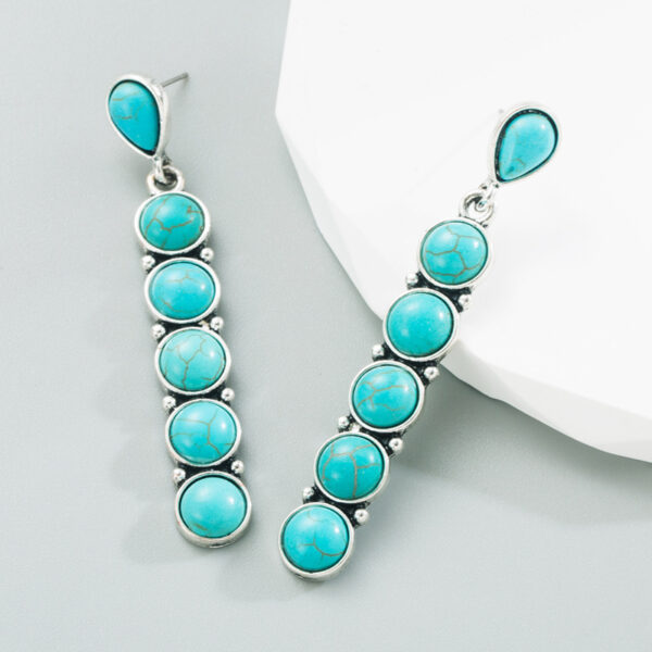 Wholesale Foreign Trade Hot Sale Turquoise Earrings Women's European and American Ethnic Style Ancient Silver Round Stone Creative Long Banquet Earrings