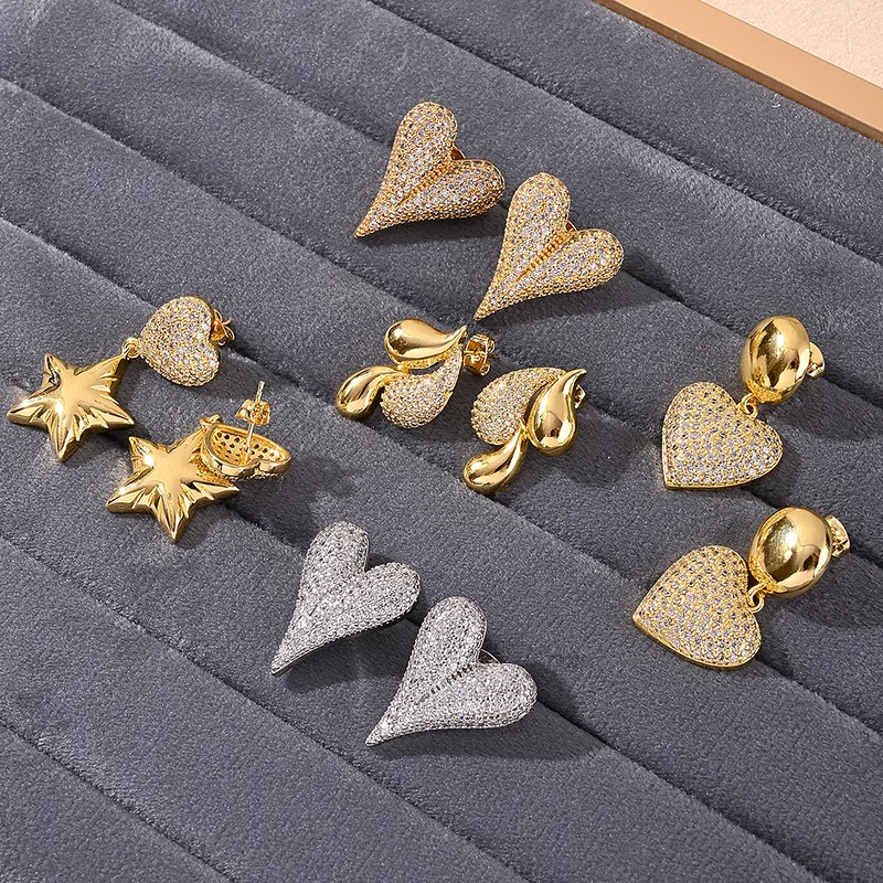 Wholesale 1 Pair IG Style Vacation Modern Style Heart Shape lishing Plating Inlay Copper Zircon 18K Gold Plated White Gold Plated Ear Studs
