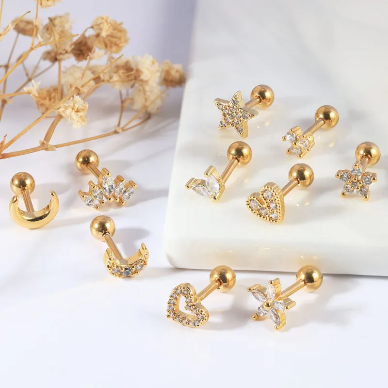 Wholesale Real Gold Plated Moon Heart Shape Flower 304 Stainless Steel Simple Style IG Style Waterproof Non Tarnish Ear Studs