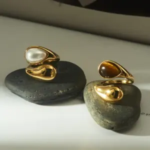 Real Gold Plated 304 Stainless Steel Ion Plating (IP) Pearl Tiger Eye Geometric Waterproof Non Tarnish Simple Style Open Rings For Women's