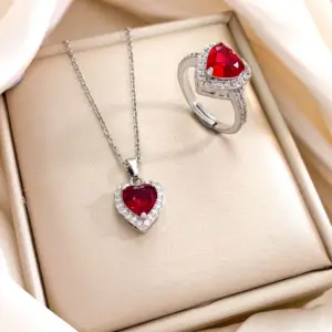 XL727 Big Red Heart Necklace Ring Set / Silver