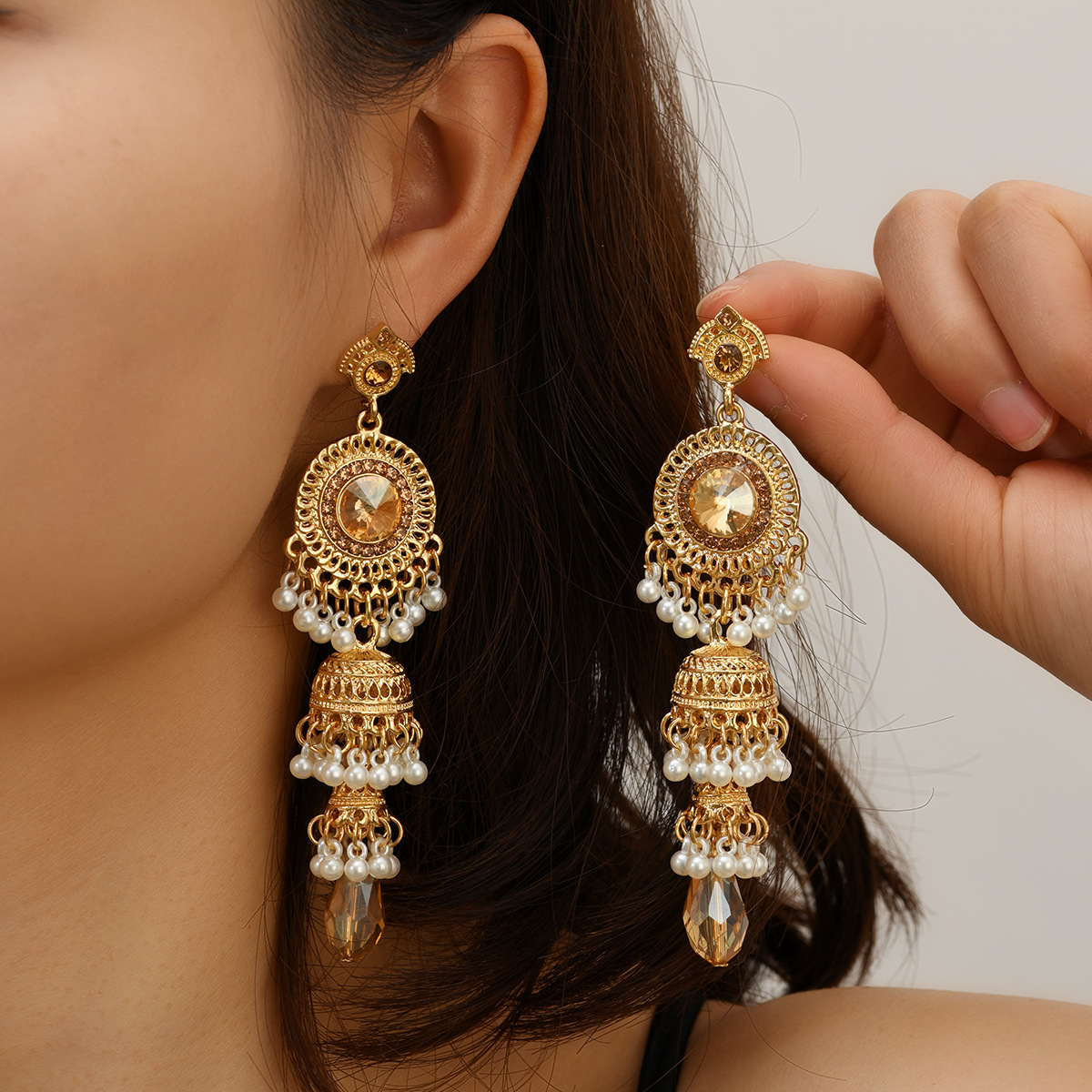 Wholesale New Fashionable and Personalized Micro-Encrusted Diamond Earrings Thai Retro Women's Long Imitation Large Gemstone Tassel Bell Earrings
