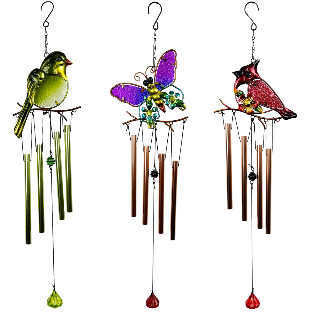 Wholesale Cross-border New Product Metal Wrought Iron Wind Bell Glass Painted Pendant Anti-rust Paint Crafts Hanging Decoration Courtyard Balcony Deco