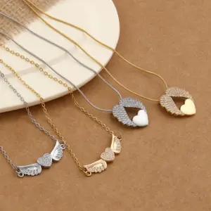 Wholesale Copper Vintage Style Plating Inlay Heart Shape Wings Zircon Pendant Necklace