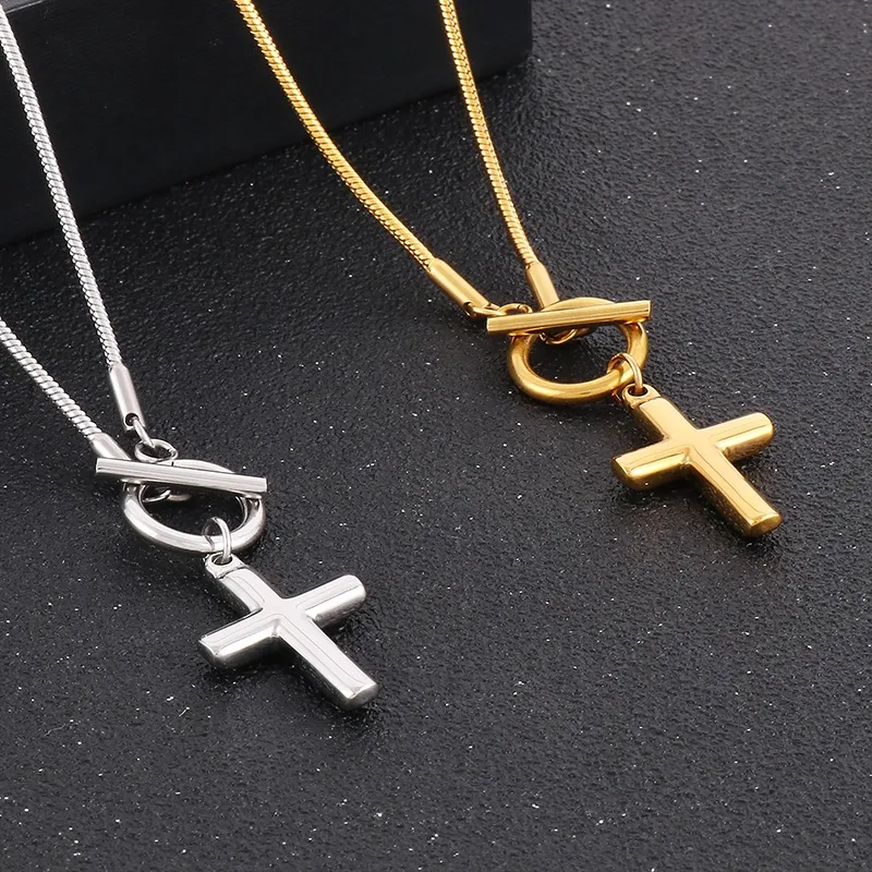 Wholesale 304 Stainless Steel Cross PVD Coated 18K Gold Plated Elegant Waterproof Non Tarnish Plating Necklace