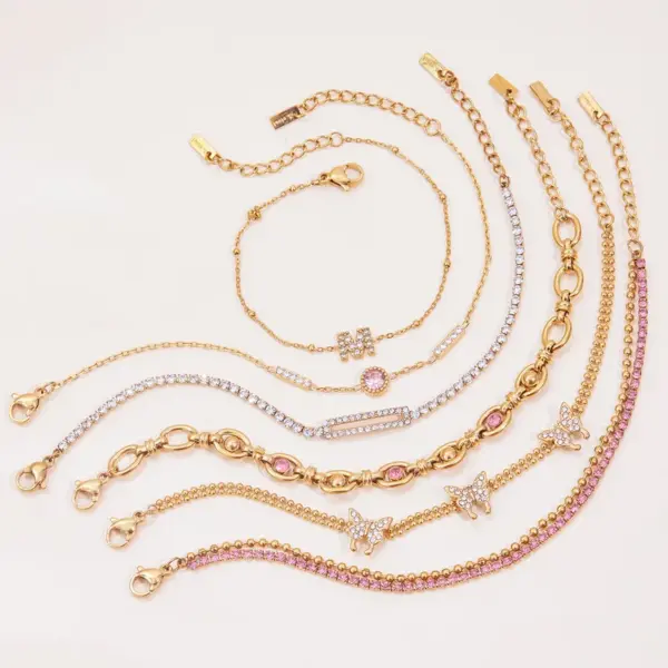 304 Stainless Steel M-Shaped Round Butterfly PVD Coated Real Gold Plated Casual Lady Waterproof Non Tarnish Micro Ser Whisper Thin Chain Bracelets