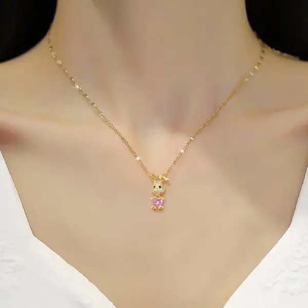 Wholesale Fashion Rabbit Titanium Steel Copper Inlay Artificial Diamond Pendant Necklace