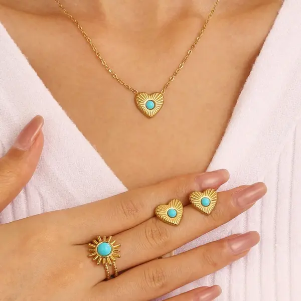 304 Stainless Steel Heart Shape PVD Coated Natural Stone Gold Plated Vintage Style Waterproof Non Tarnish Plating Jewelry Set