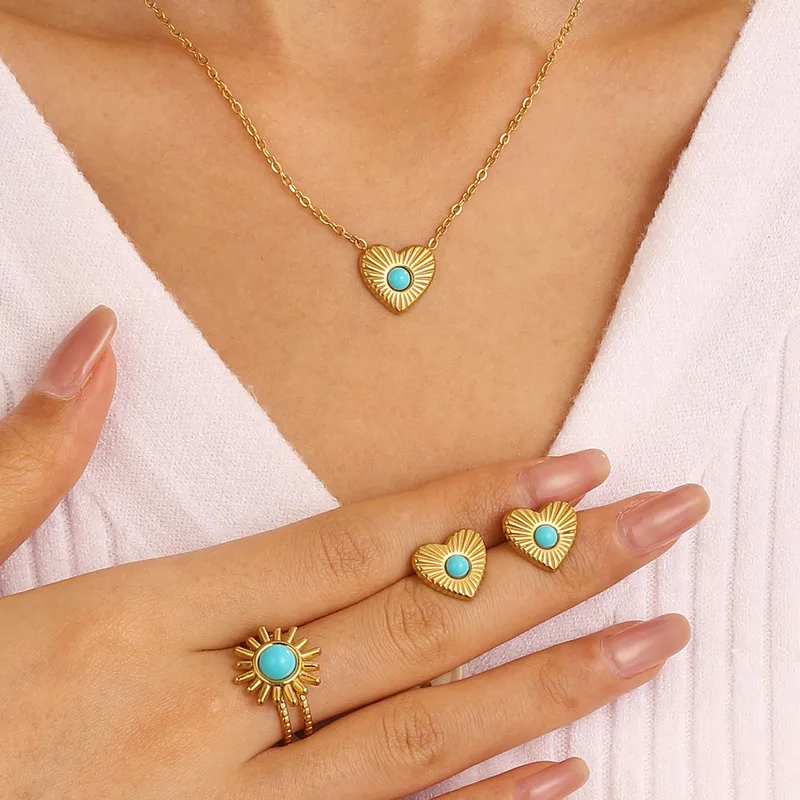Wholesale 304 Stainless Steel Heart Shape PVD Coated Natural Stone Gold Plated Vintage Style Waterproof Non Tarnish Plating Jewelry Set
