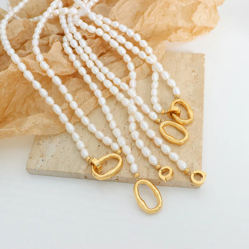 Wholesale 1 Piece 304 Stainless Steel Freshwater Pearl PVD Coated 18K Gold Plated Gold Oval Necklace