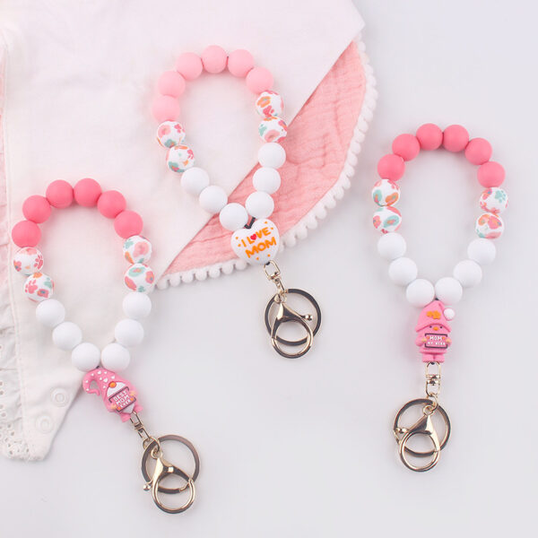 Wholesale 2025 New Mother's Day Silicone Wrist Keychain Pendant Love Silicone Beaded Bracelet Key Ring Accessories