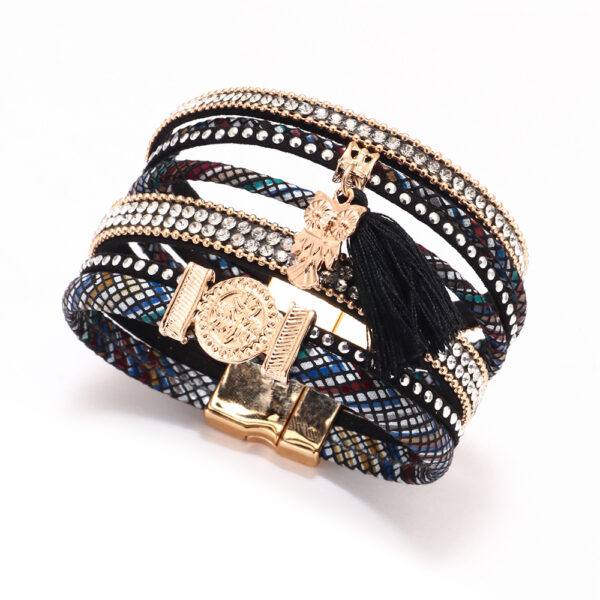 Wholesale Diamond-studded Bohemian Tassel Colorful Magnetic PU Leather Bracelet
