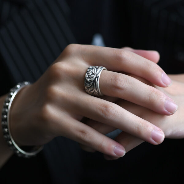 Wholesale Old silversmith 999 Thai silver Lotus self-discipline retro Heart Sutra ring men's and women's fashion National style living mouth food finger ring niche