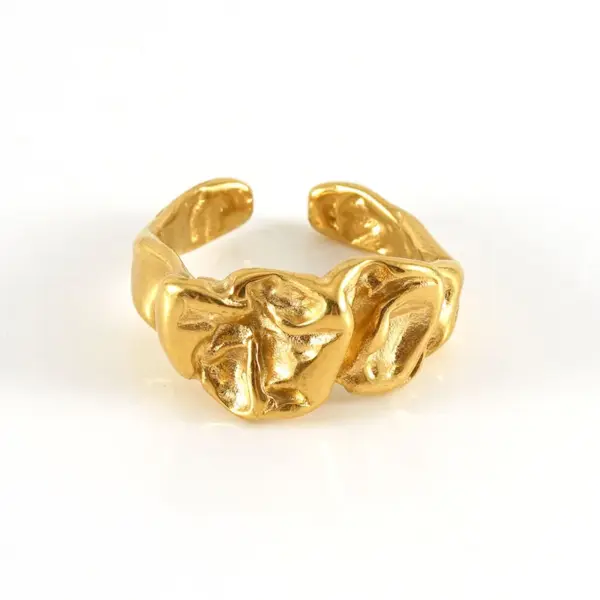 PVD Coated 18K Gold Plated Solid Color Folds Stainless Steel Elegant Retro Waterproof Non Tarnish Open Ring