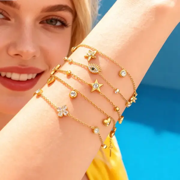 Wholesale Ins Style 304 Stainless Steel Four-Leaf Clover Heart Inlaid Diamond Starfish Evil Eye Minimalist Style Light Luxury Vacuum Electroplated 18K Real Gold Bracelet