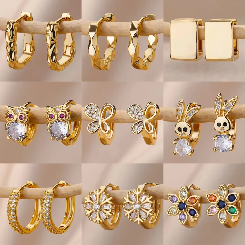Wholesale Copper Flower Butterfly PVD Coated 18K Real Gold Plated Elegant Classic Style Hoop Earrings