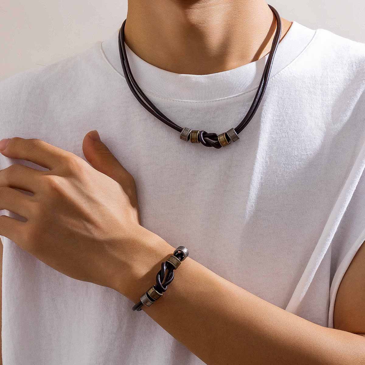 Wholesale European and American simple leather knotted ring necklace men's hip hop niche high-grade beaded clavicle chain cross-border aessories men