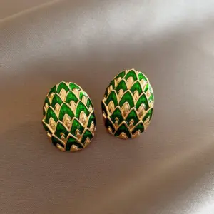 Green-Silver Needle Drop Oil Oval Pattern Ear Studs