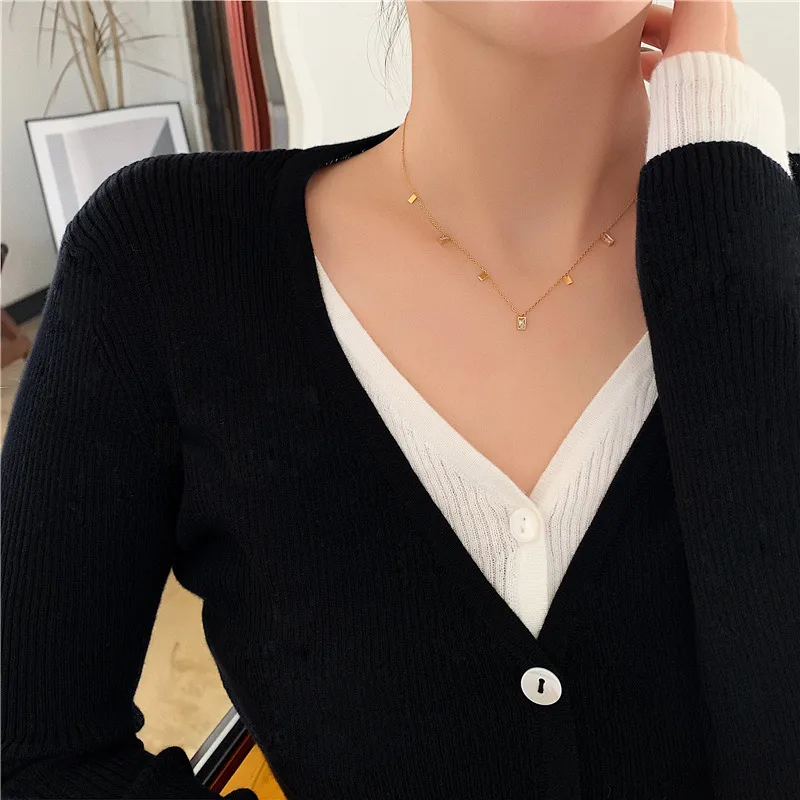 Wholesale Fashion Triangle Square Water oplets Titanium Steel Inlay Zircon Necklace 1 Piece