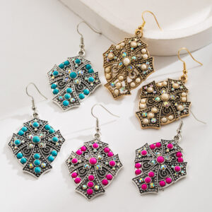 Wholesale Turquoise earrings, vintage and exaggerated, diamond-encrusted cross turquoise pendant ear hooks, ethnic style earrings for women.