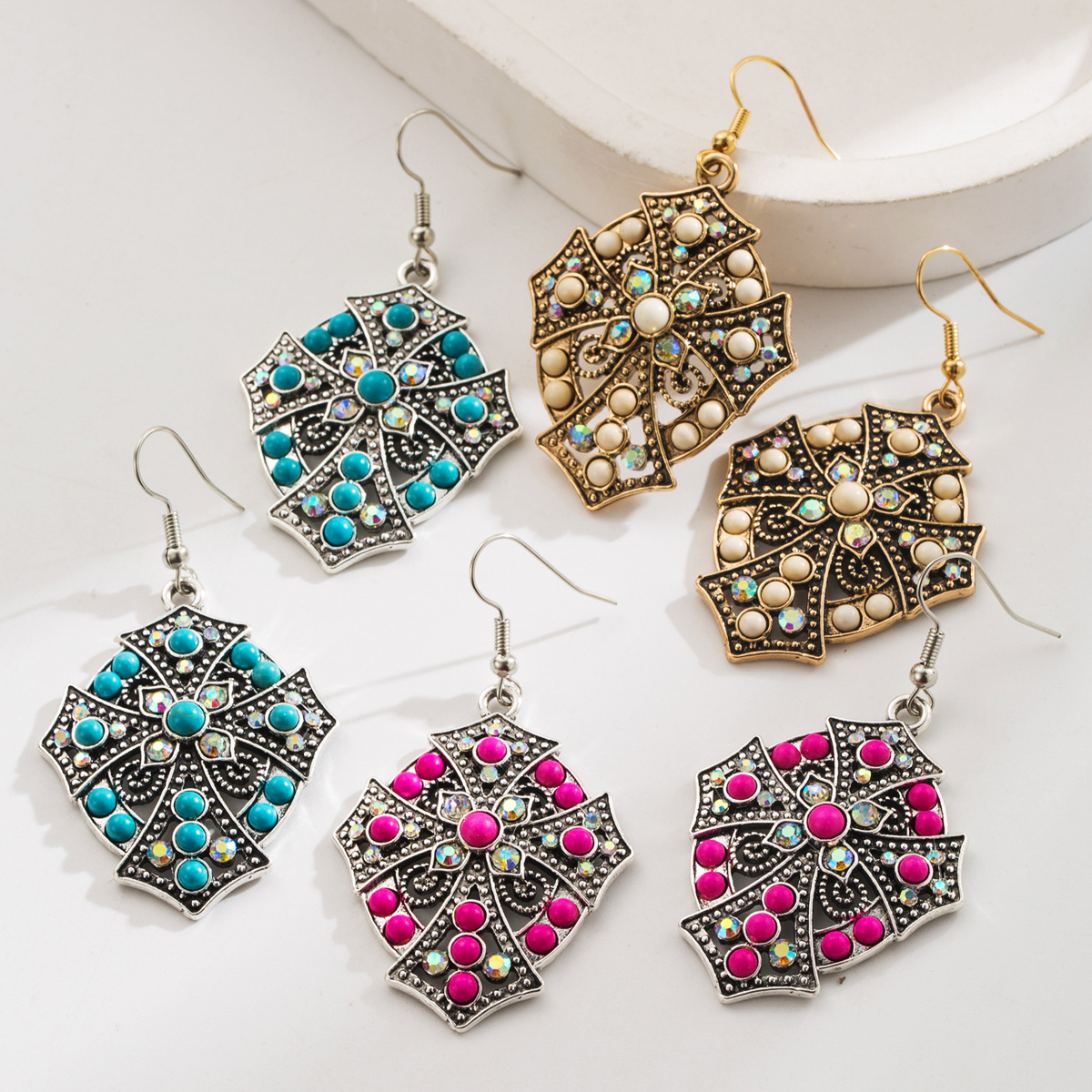 Wholesale Turquoise earrings, vintage and exaerated, diamond-encrusted cross turquoise pendant ear hooks, ethnic style earrings for women.