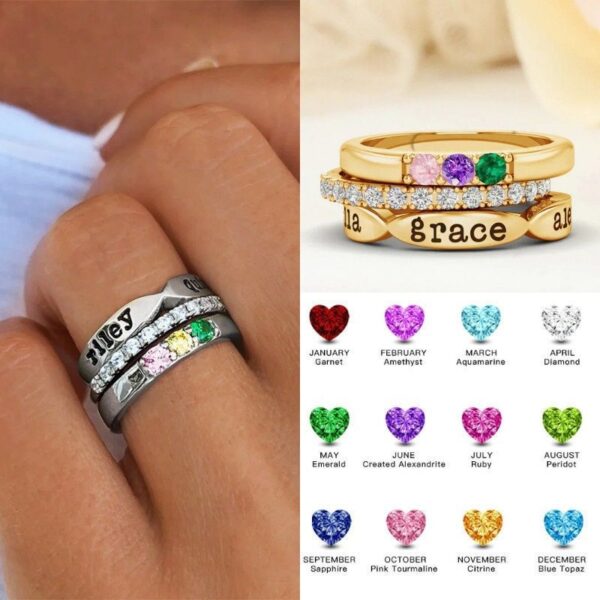 Wholesale European and American cross-border hot selling Mother's Day 12-color birthday stone three-piece combination stacked ring lettering personalized fashion jewelry