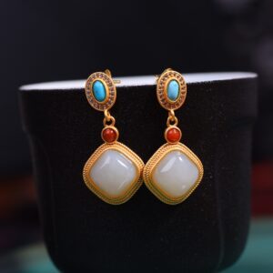 Wholesale Hotan Jade Earrings 925 Sterling Silver Geometric Diamond Earrings Jade Earrings Vintage Fashion Atmospheric Earrings Women's Mother