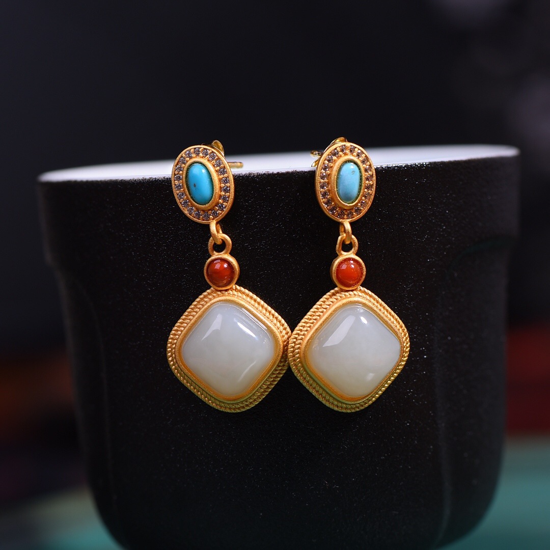 Wholesale Hotan Jade Earrings 925 Sterling Sier Geometric Diamond Earrings Jade Earrings Vintage Fashion Atmospheric Earrings Women's Mother