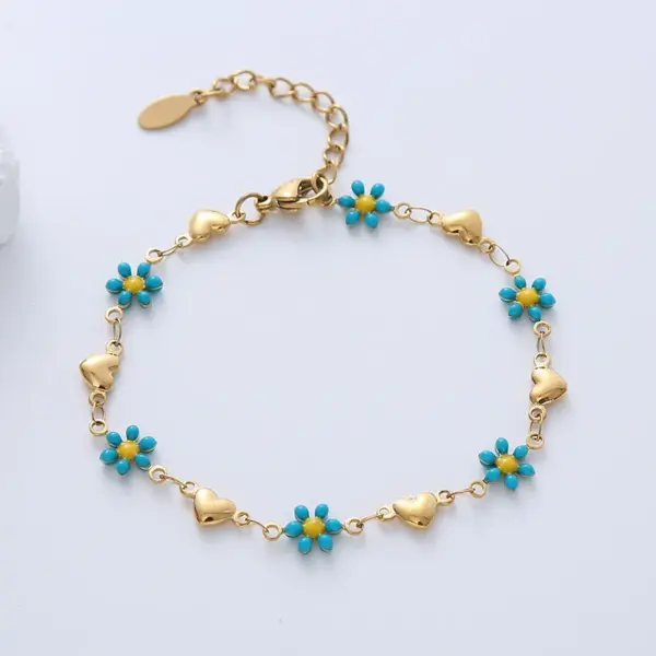 Wholesale 304 Stainless Steel Heart Shape Flower PVD Coated No Inlaid 18K Gold Plated Simple Style Waterproof Non Tarnish Epoxy Lobster Trigger Clasp Closure Colorful Gold Bracelets