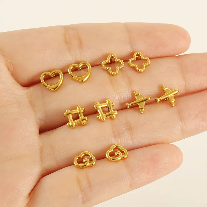 Wholesale 1 Pair Sweet Simple Style Star Heart Shape Airplane Hollow Out 304 Stainless Steel 18K Gold Plated Ear Studs
