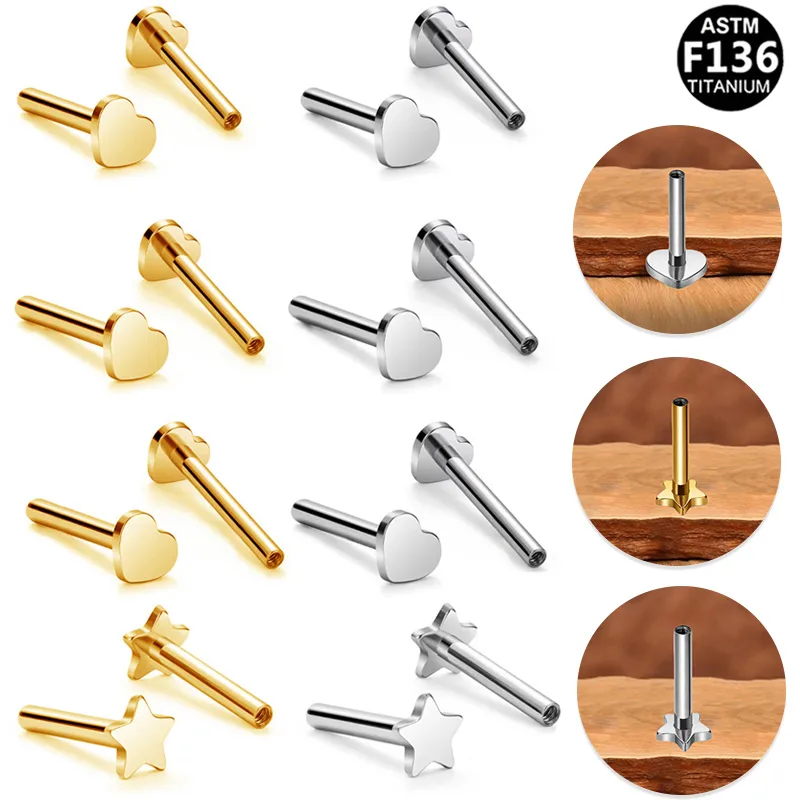 Wholesale 1 Piece Lip Rings Simple Style Star Heart Shape Titanium Alloy Plating 14K Gold Plated White Gold Plated Lip Rings Ear Cartilage Rings &