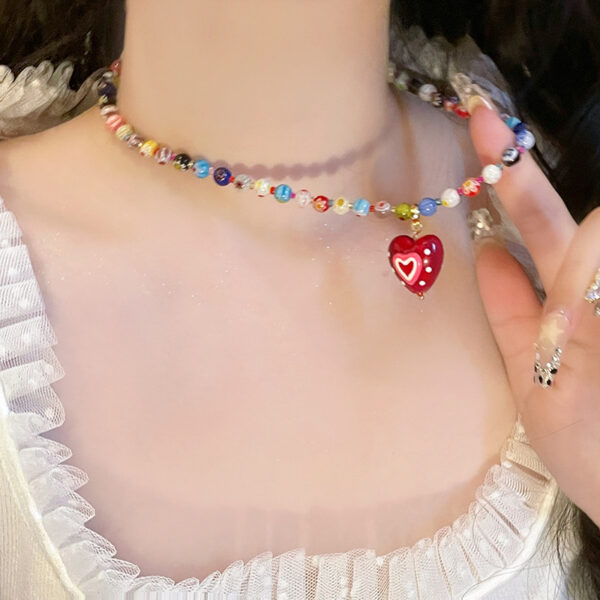 Wholesale Song Yanfei's Same Dopamine Colorful Beaded Necklace Red Heart Pendant for Women Summer Clavicle Chain Necklace Feel