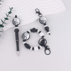Wholesale Star Moon Yin Yang Pattern Personalized Beaded Pen Silicone Bracelet Key Ring Beaded Mobile Phone Bag Pendant