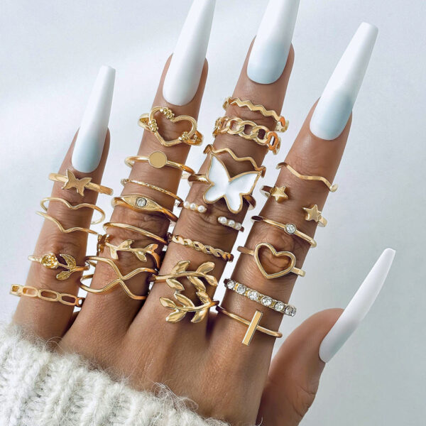 Wholesale European and American Cross-Border Fashion Versatile Leaf Love Ring Set Geometric Stacked Joint Pearl Ring Multi-Piece Set