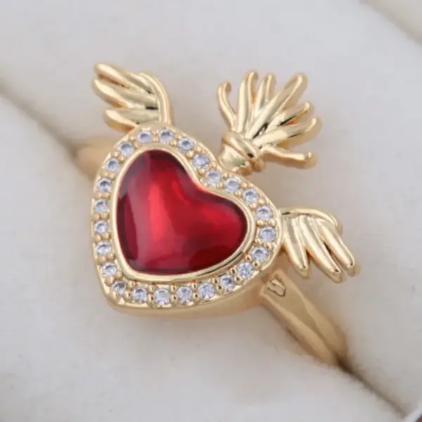 Wholesale Copper 18K Gold Plated Epoxy Plating Inlay Heart Shape Wings Zircon Open Rings
