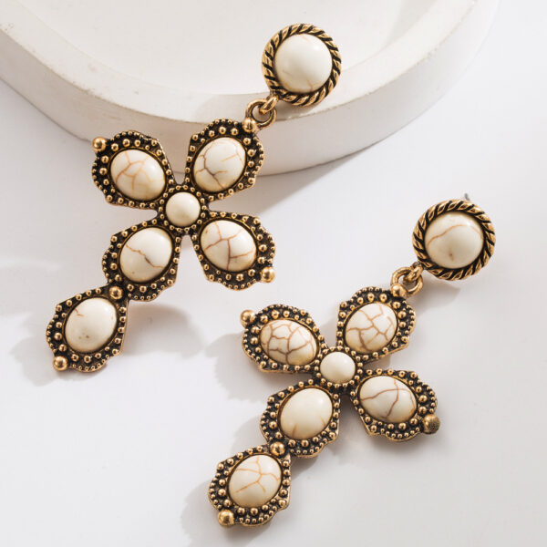 oly-6837f4ec8be2eec95d4f651c0009bc32 Wholesale Western style oval exaerated cross earrings with white turquoise